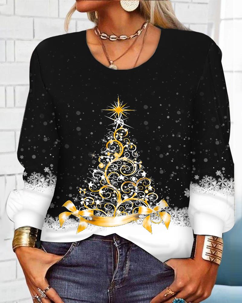 

Christmas Tree Print Long Sleeve Casual Top, Black