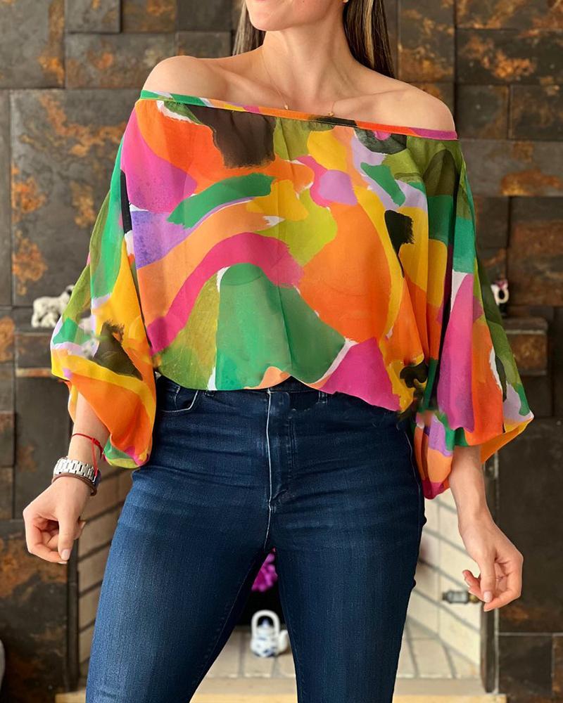 

Off Shoulder Allover Print Lantern Sleeve Top, Multicolor