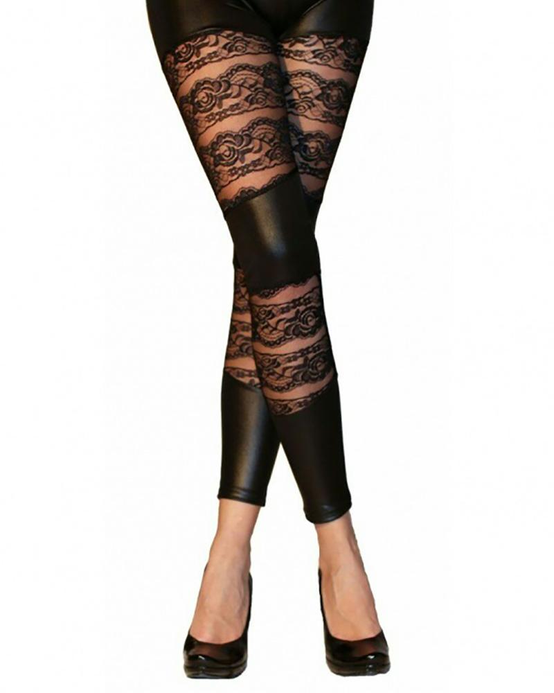 

Crochet Lace PU Leather Patch Skinny Pants, Black