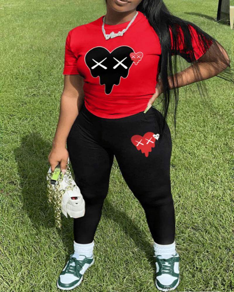 

Plus Size Funny Heart Print Casual T-shirt & Pants Set, Red