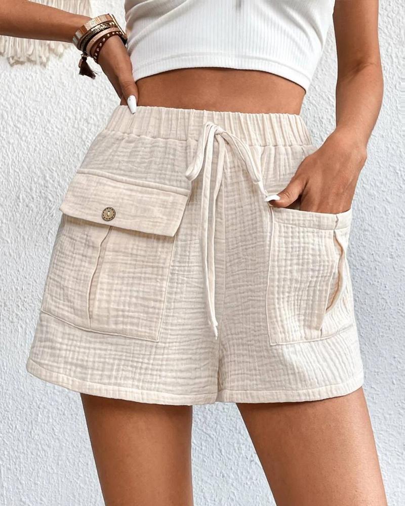 

Pocket Design Drawstring Textured Shorts, Apricot