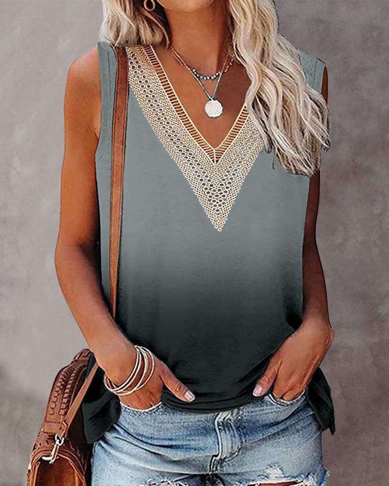 

Contrast Lace Ombre Tank Top, Gray