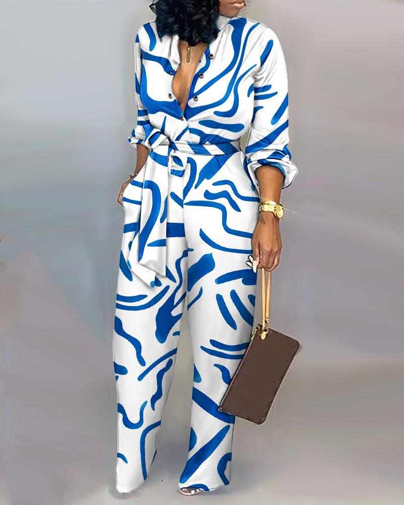 

Allover Print Long Sleeve Belted Jumpsuit, Blue
