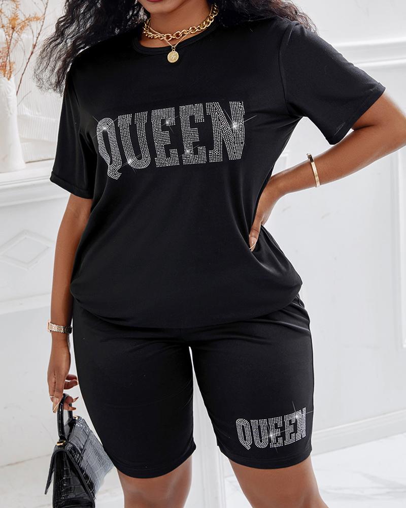 

Rhinestone Letter Pattern Short Sleeve Top & Shorts Set, Black