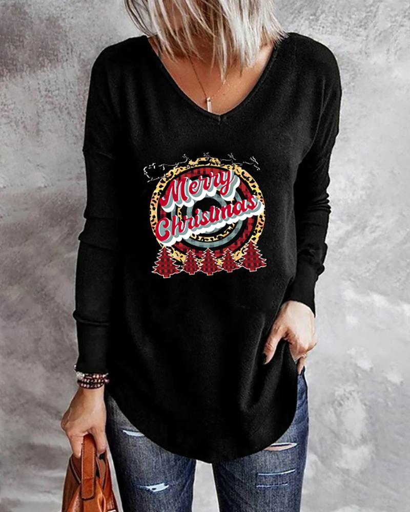 

Christmas V Neck Graphic Letter Print Long Sleeve Top, Style1