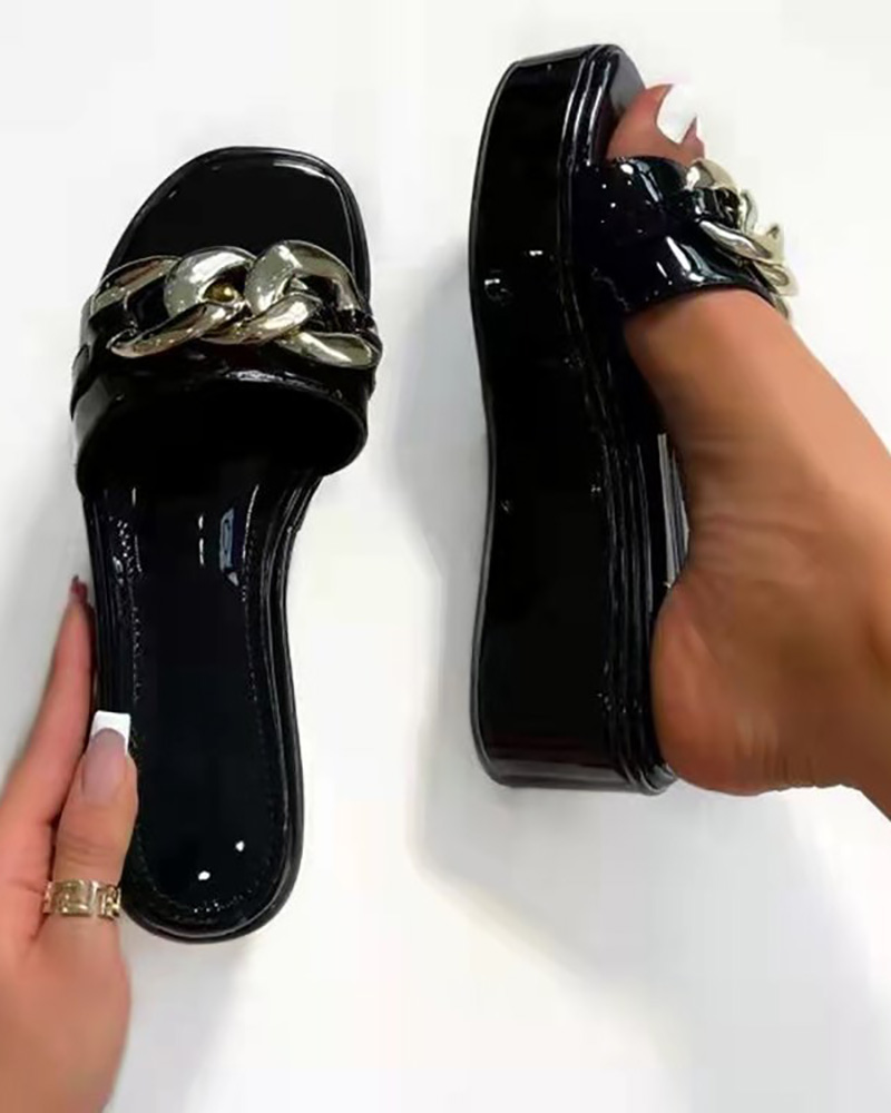 

Chain Decor Open Toe Platform Slippers, Black