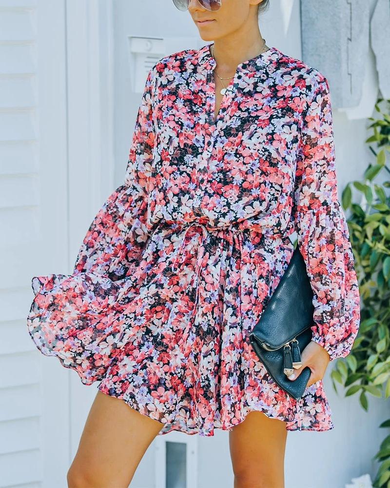 

Ditsy Floral Print Button Front Ruffle Hem Lantern Sleeve Dress, Multicolor