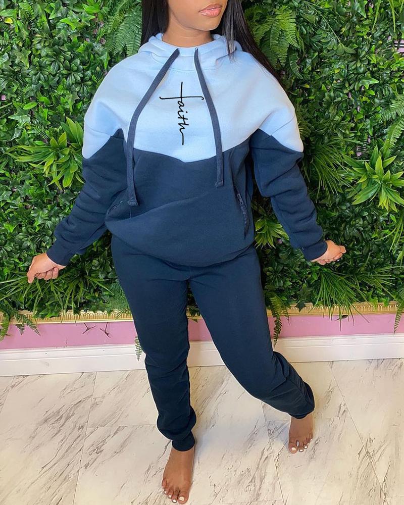 

Colorblock Letter Print Pocket Design Hoodie & Pants Set, Blue