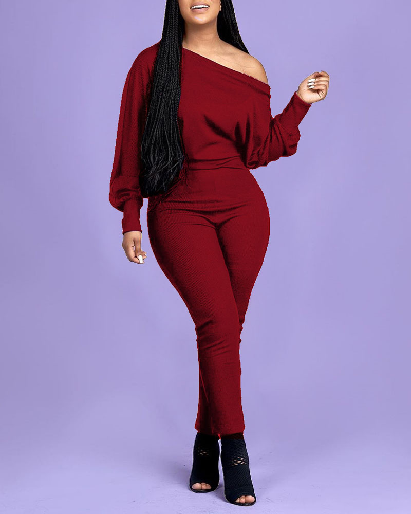 

Plus Size Ribbed Lantern Sleeve Skinny Jumpsuit, Wine red