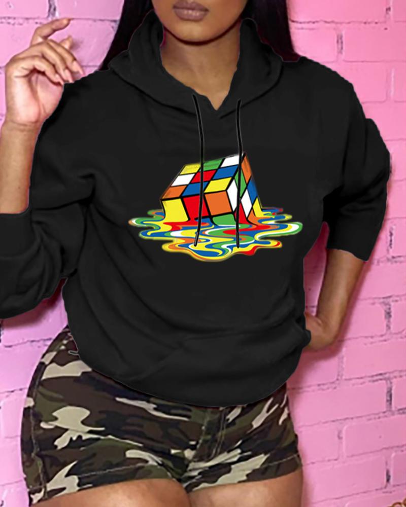 

Cartoon Cube Print Pocket Design Casual Hoodie, Black