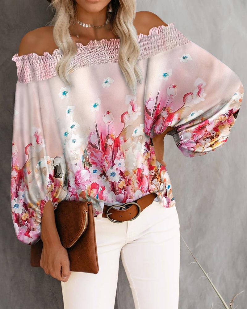 

Floral Print Shirred Off Shoulder Top, Pink