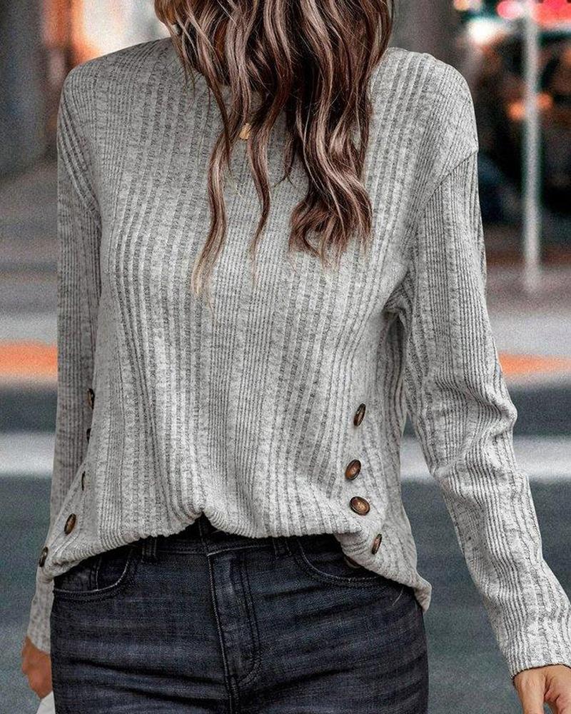 

Button Decor Long Sleeve Top, Gray