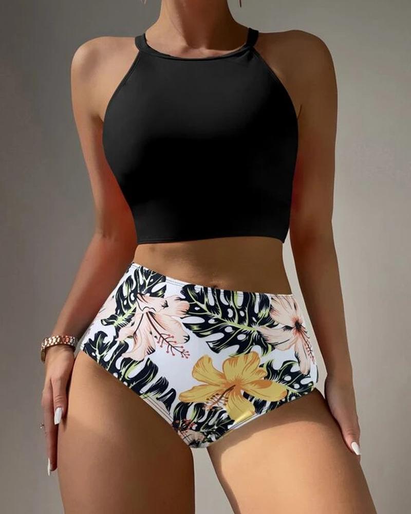 

Tropical Print Backless High Waist Tankini Set, Black