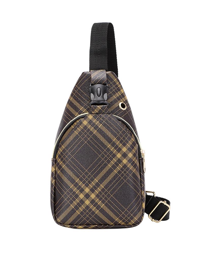 

Graphic Plaid Print Zipper Design Shoulder Bag, Brown