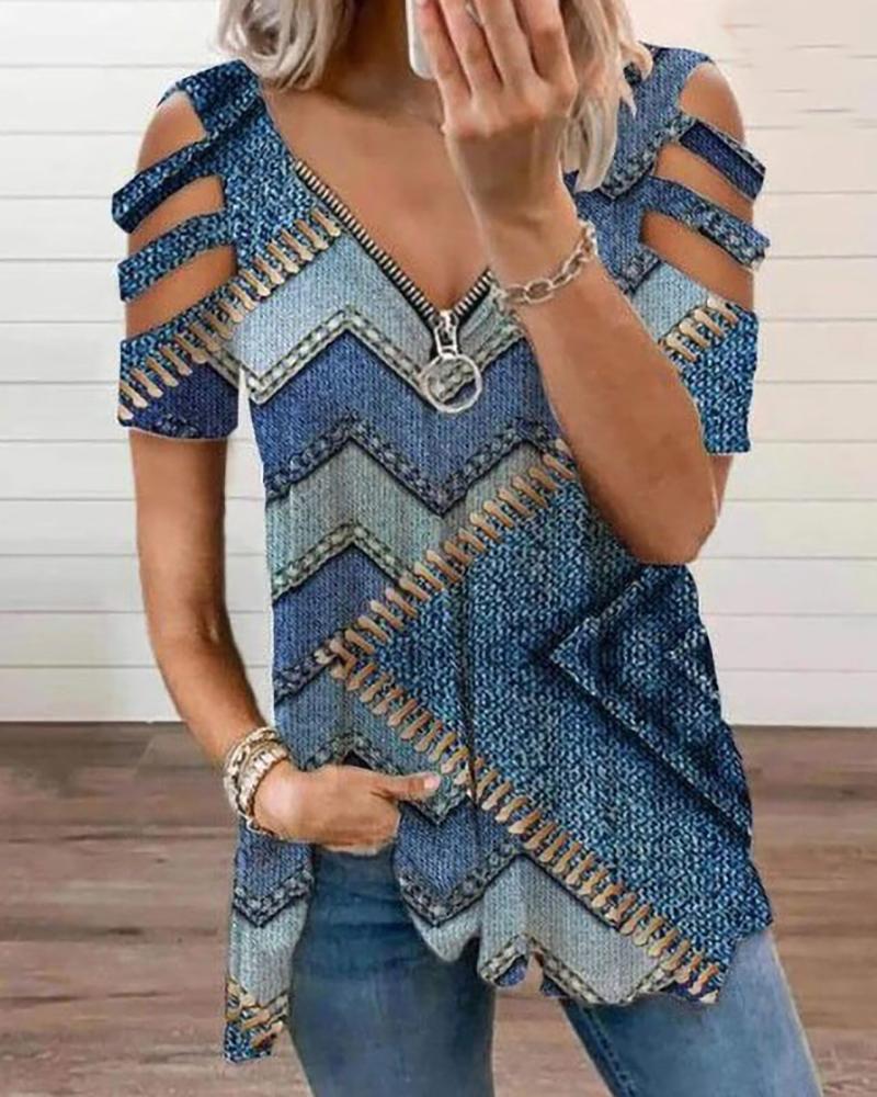 Buy Denim Pattern Print Zip Front Cutout Sleeve T-shirt. Picture