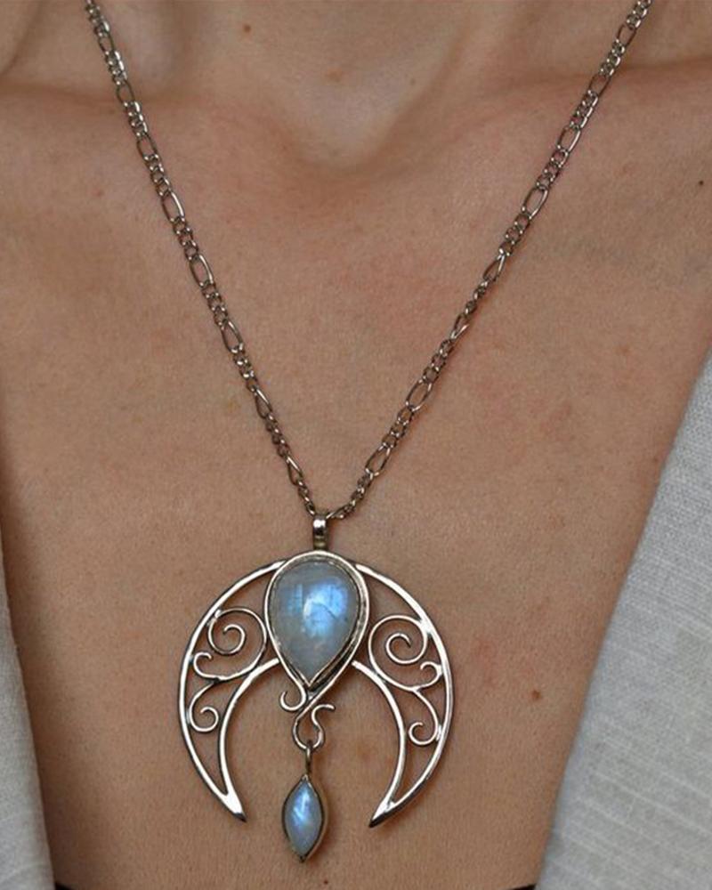 

1pc Bohemian Hollow Out Moon Pendant Necklace, Silver
