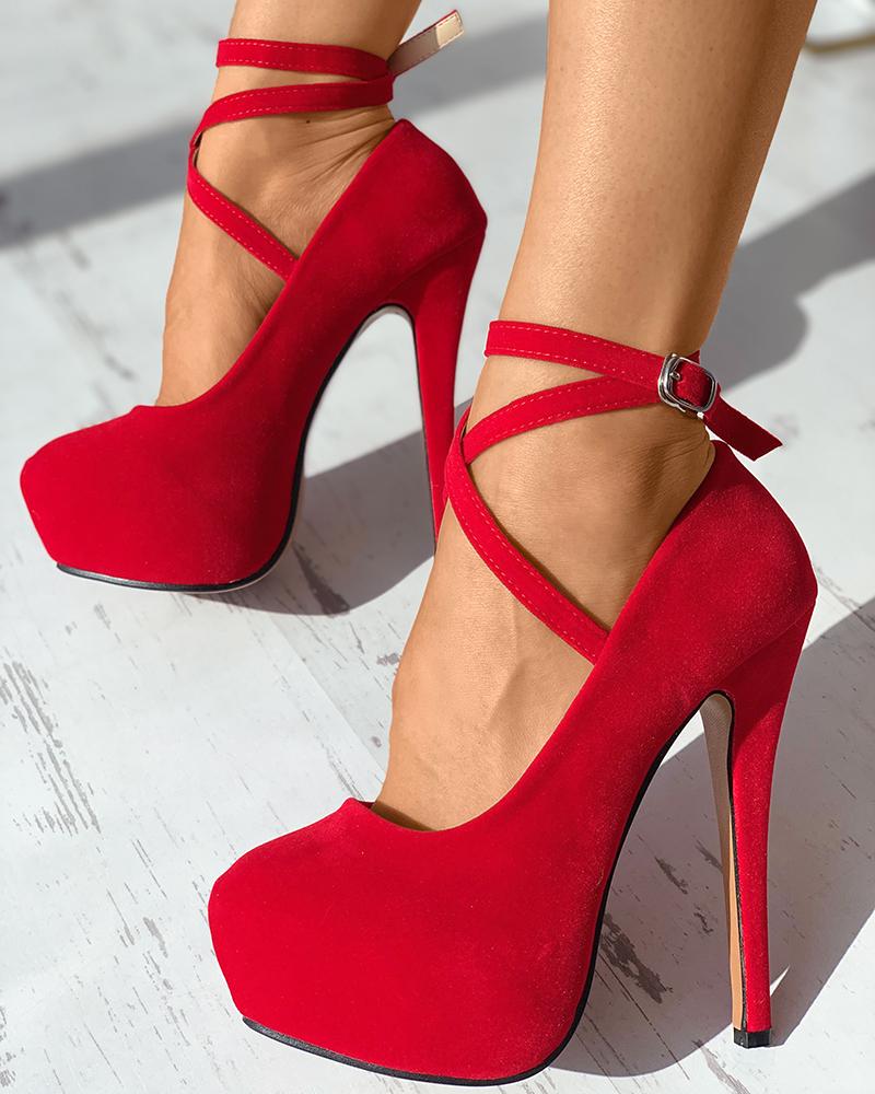 

Platform Bandage Buckled Platform Stiletto Heels, Red