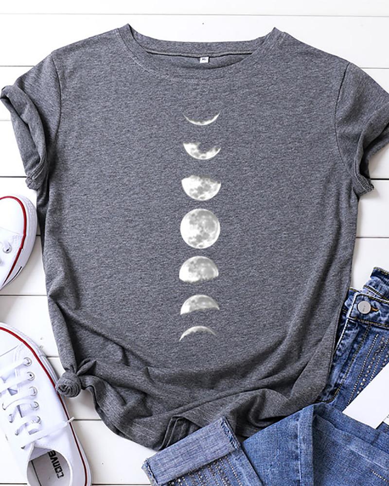 

Moon Print Short Sleeve Casual T-shirt, Gray