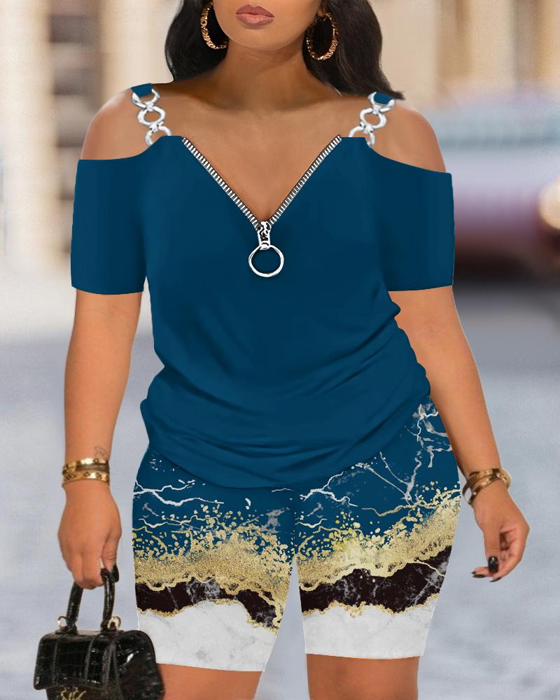 

Plus Size Cold Shoulder Top & Marble Print Shorts Set, Blue