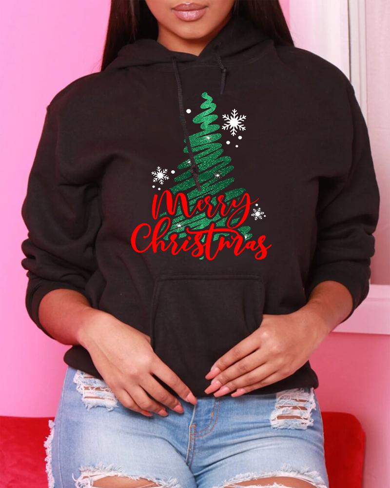 

Plus Size Christmas Tree Snowflake Print Casual Hoodie, Black