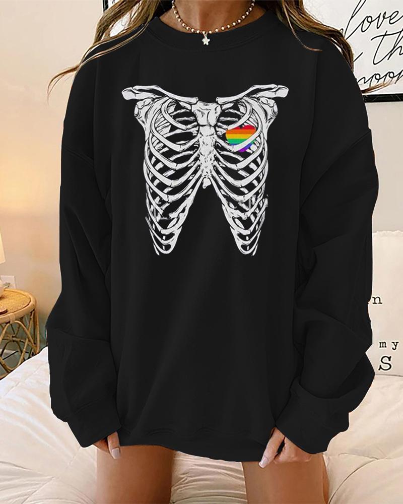 

Plus Size Halloween Skeleton Print Long Sleeve Sweatshirt, Black