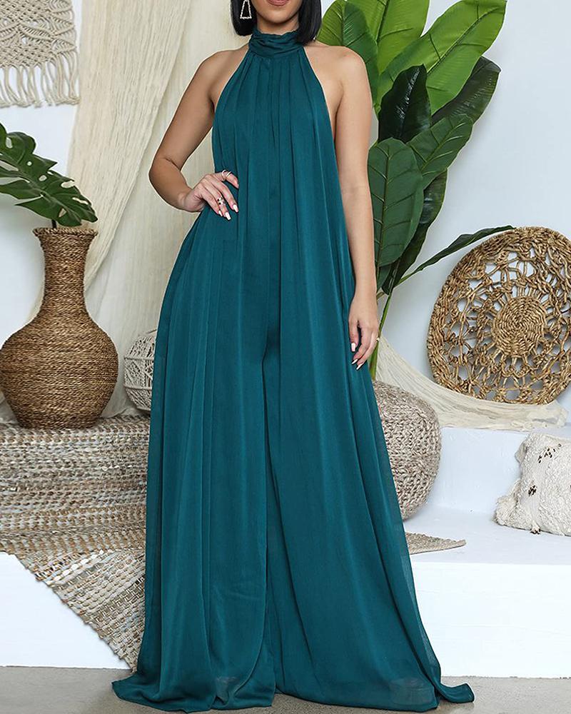 

Halter Backless Ruched Wide Leg Jumpsuit, Dark green