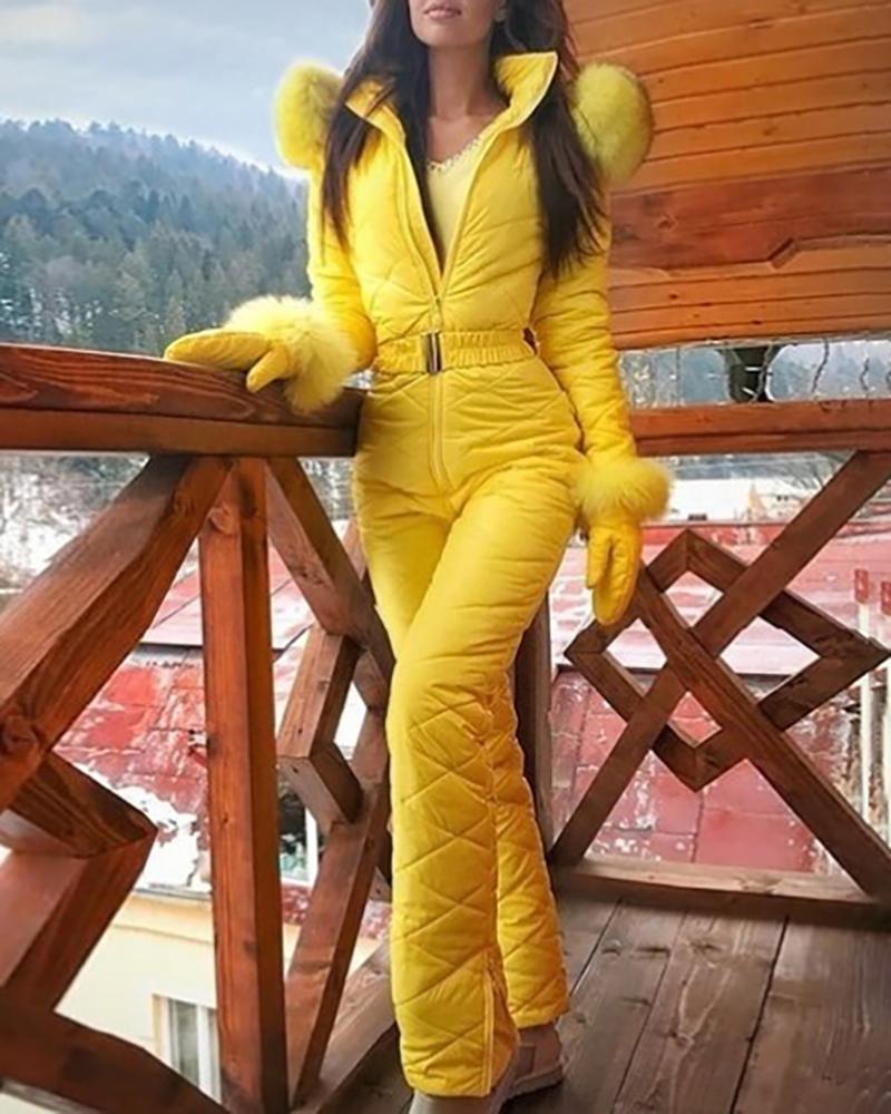 

Fluffy Collar Zipper Design Hooded Jumpsuit, Yellow