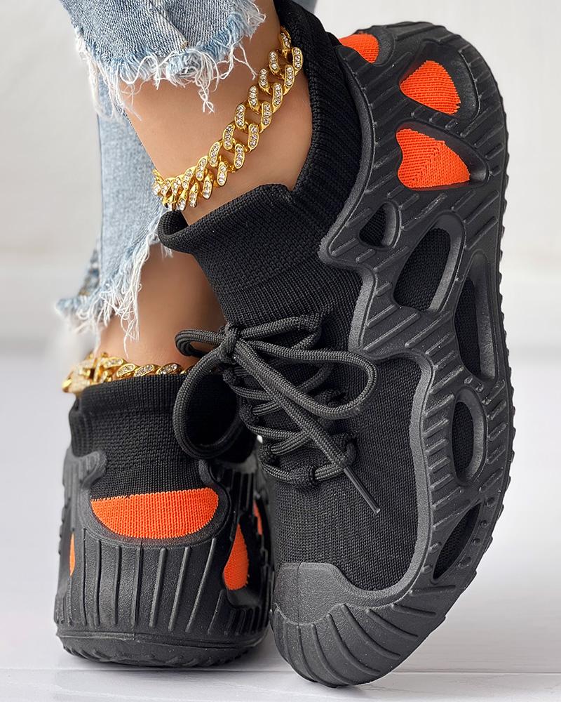 

Colorblock Breathable Lace-up Casual Sneakers, Black&orange