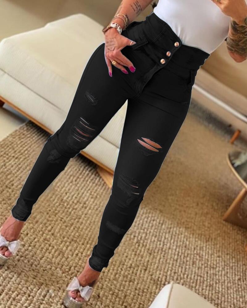 

High Waist Buttoned Cutout Ripped Skinny Jeans, Black