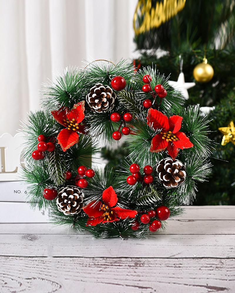 

1pc Christmas Wreath Artificial Red Berries Pine Cones Snowy Pine Needles Wreath Garland Christmas Ornaments Front Door Window Home Decor, Style4