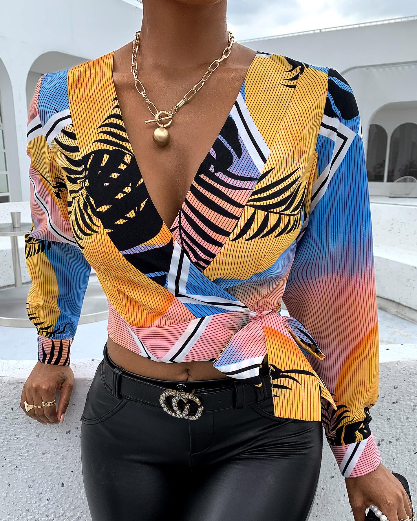 

Wrap Colorblock Knotted Casual Blouse, Orange