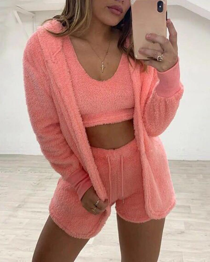 

Fuzzy Tank Top & Shorts Set With Cardigan, Light pink