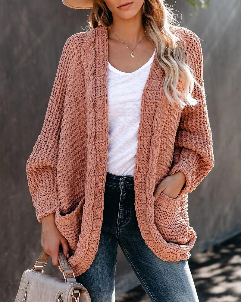 

Pocket Design Batwing Sleeve Braided Knit Cardigan, Pink