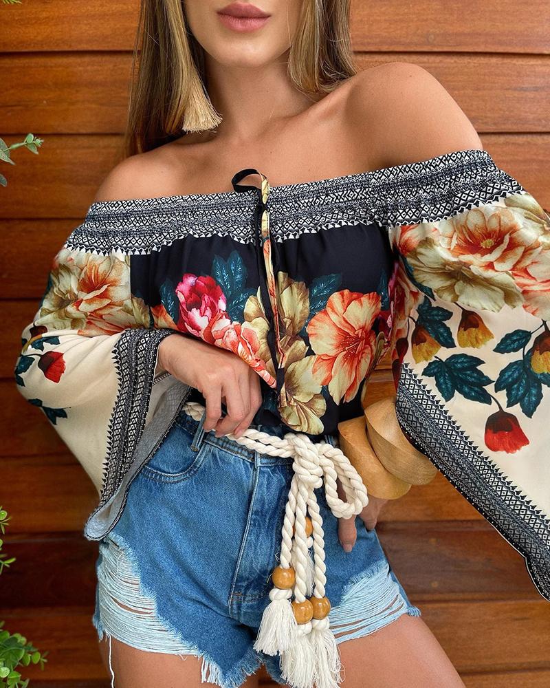 

Off Shoulder Tribal Floral Print Bell Sleeve Top, Black