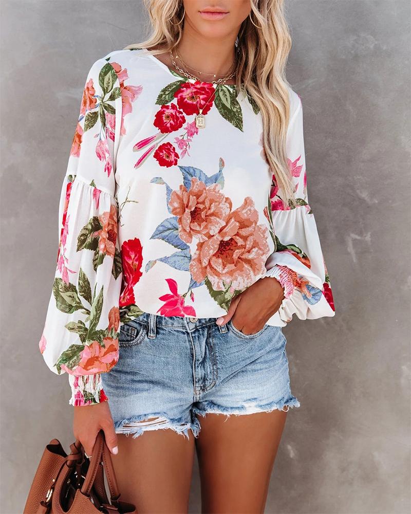 

Floral Print Shirred Lantern Sleeve Top, White