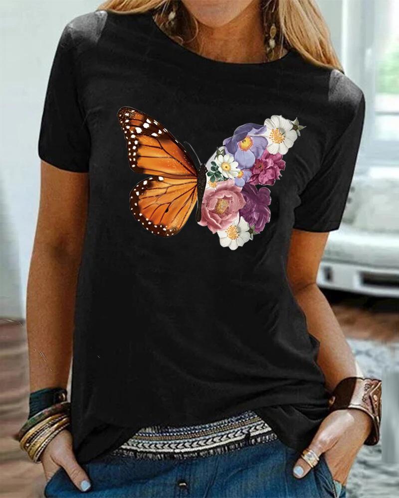 

Butterfly&Floral Print Short Sleeve T-shirts, Black