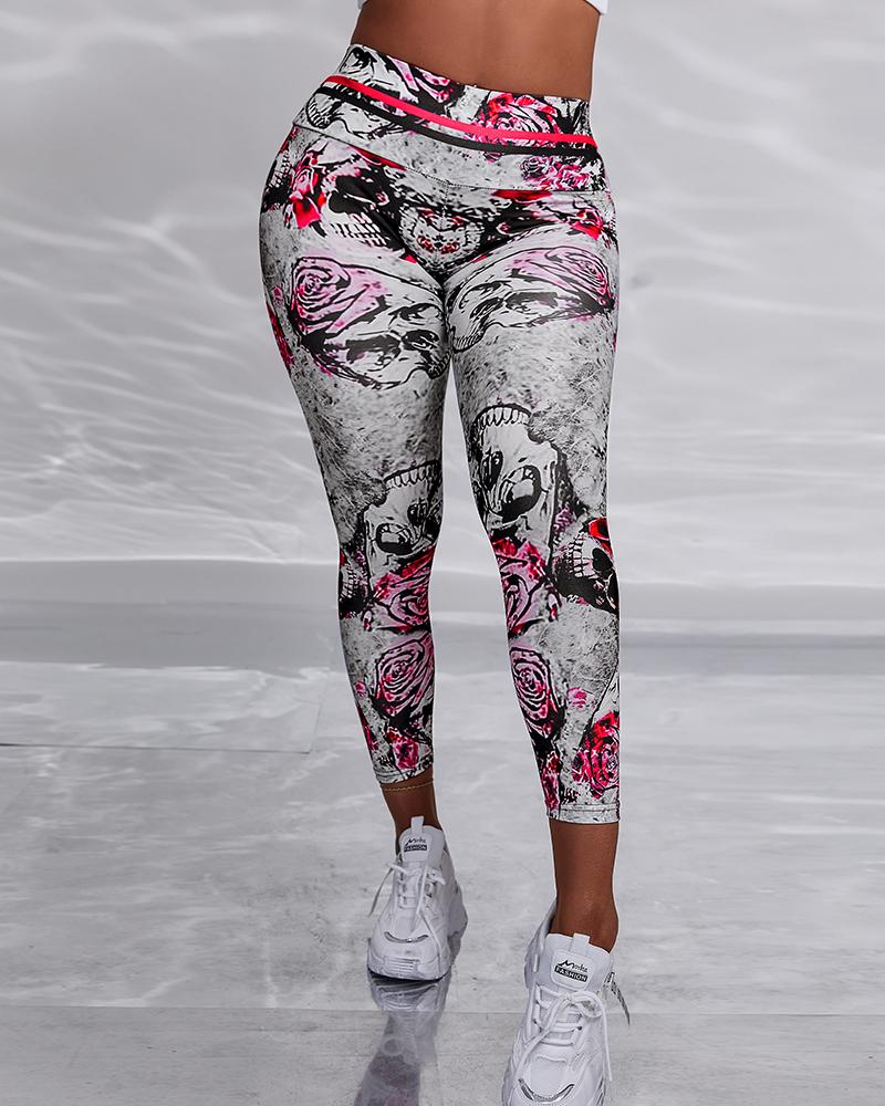 

Skull Floral Print Skinny Leggings, Hot pink