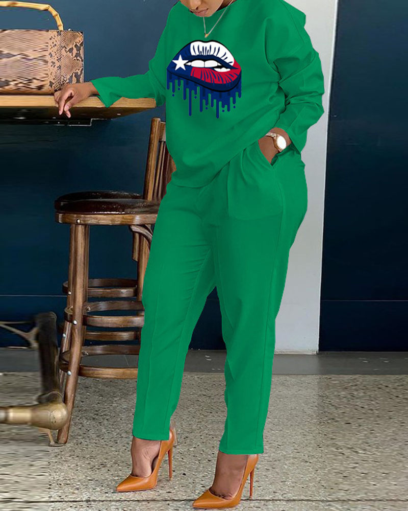 

Lip Print Long Sleeve Casual Top & Pants Set, Green
