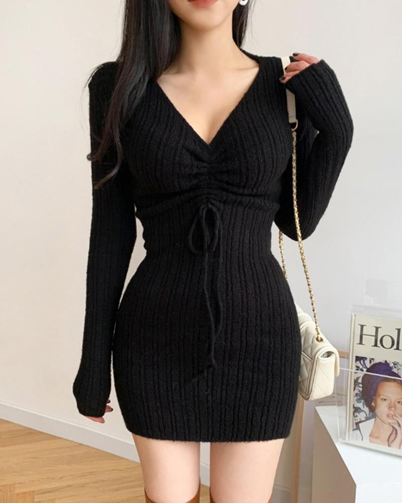 

Long Sleeve Drawstring Knit Dress, Black