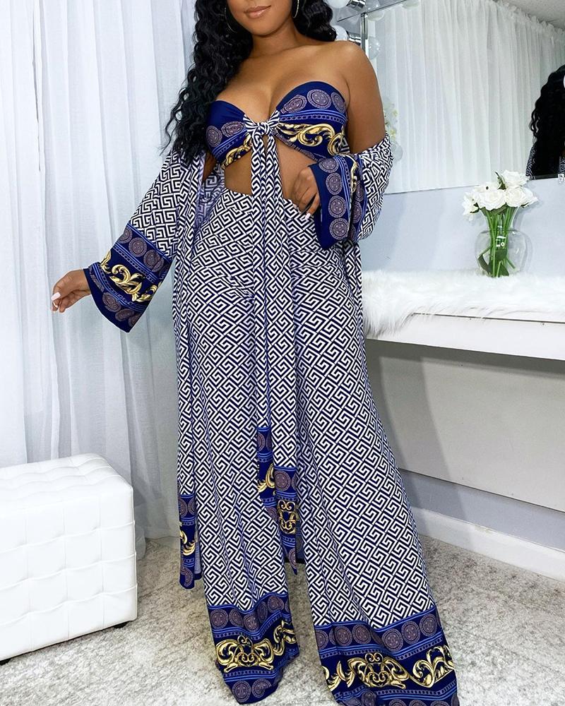 

Geo Pattern Print Bandeau Crop Top & Wide Leg Pants Set With Cardigan, Dark blue
