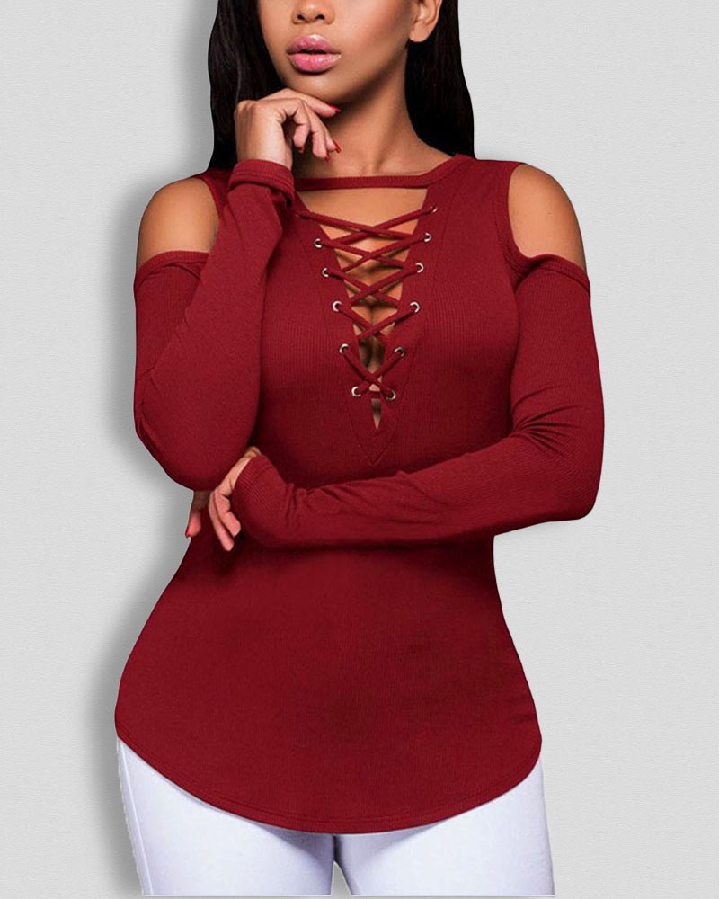 

Cold Shoulder Grommet Eyelet Lace-Up Skinny Top, Wine red