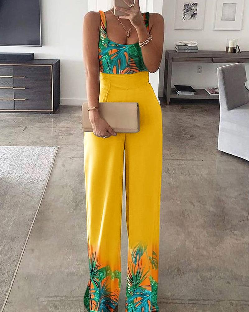 

Tropical Print Colorblock Sleeveless Jumpsuit, Multicolor
