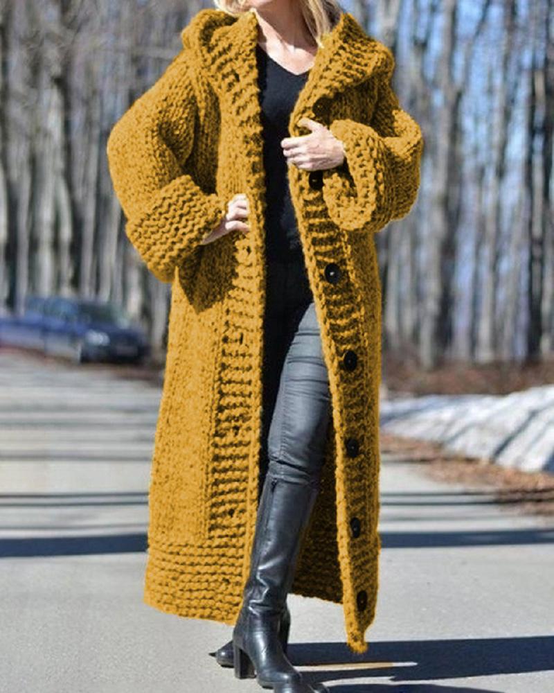 

Long Sleeve Button Design Hooded Knit Cardigan, Yellow