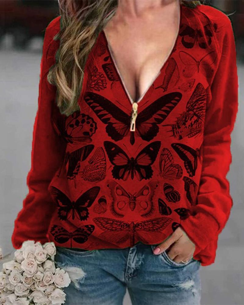 

Butterfly Print Zipper Front Long Sleeve Top, Red