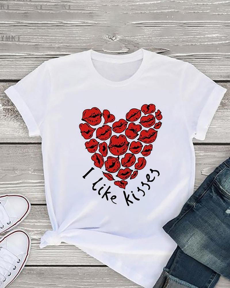 

Valentine's Day O-Neck Heart Print Short Sleeve T-shirt, Style5