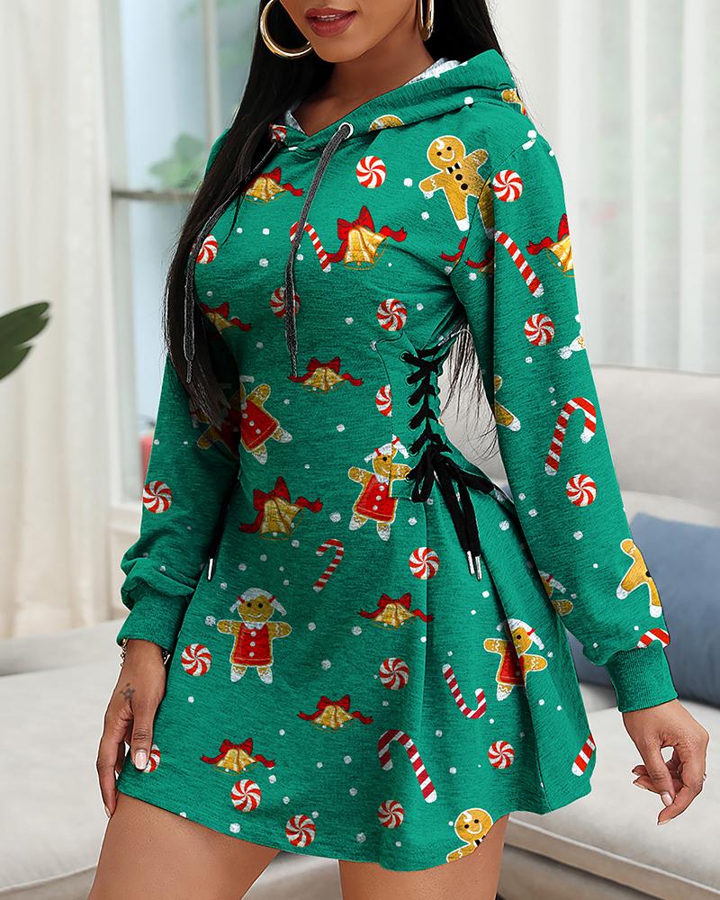 

Christmas Graphic Print Eyelet Lace-up Dress, Green