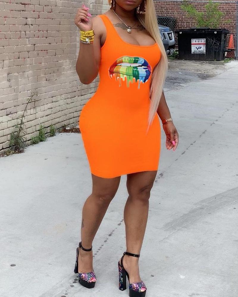 

Lip Pattern Thin Strap Bodycon Dress, Orange