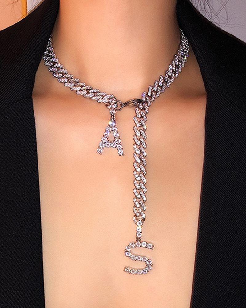 

1pc Letter Pattern Rhinestone Decor Chain Choker Pendent Necklace, Silver