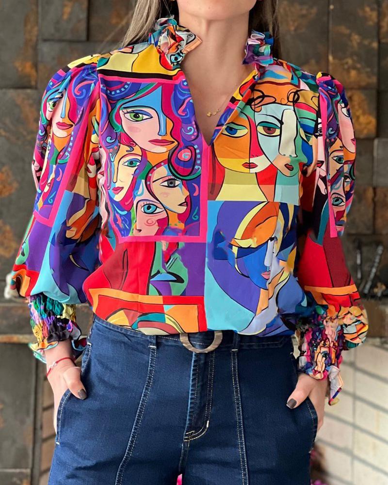 

Abstract Figure Print Long Sleeve Top, Multicolor