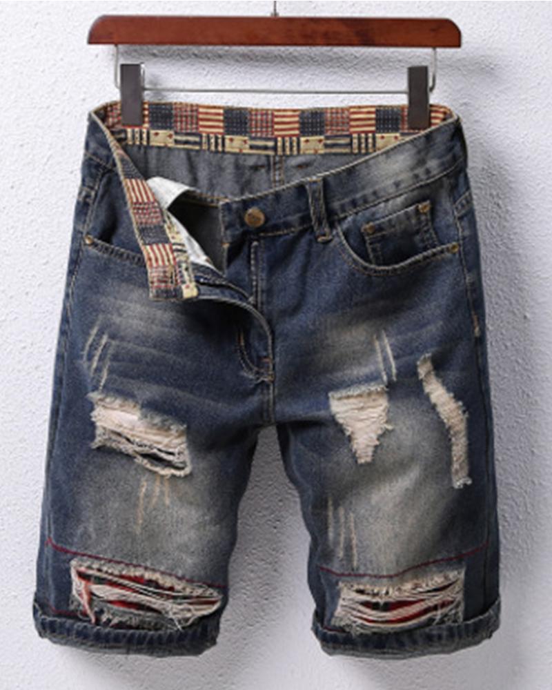 

Solid Color Washing Ripped Short Jean Pants, Blue